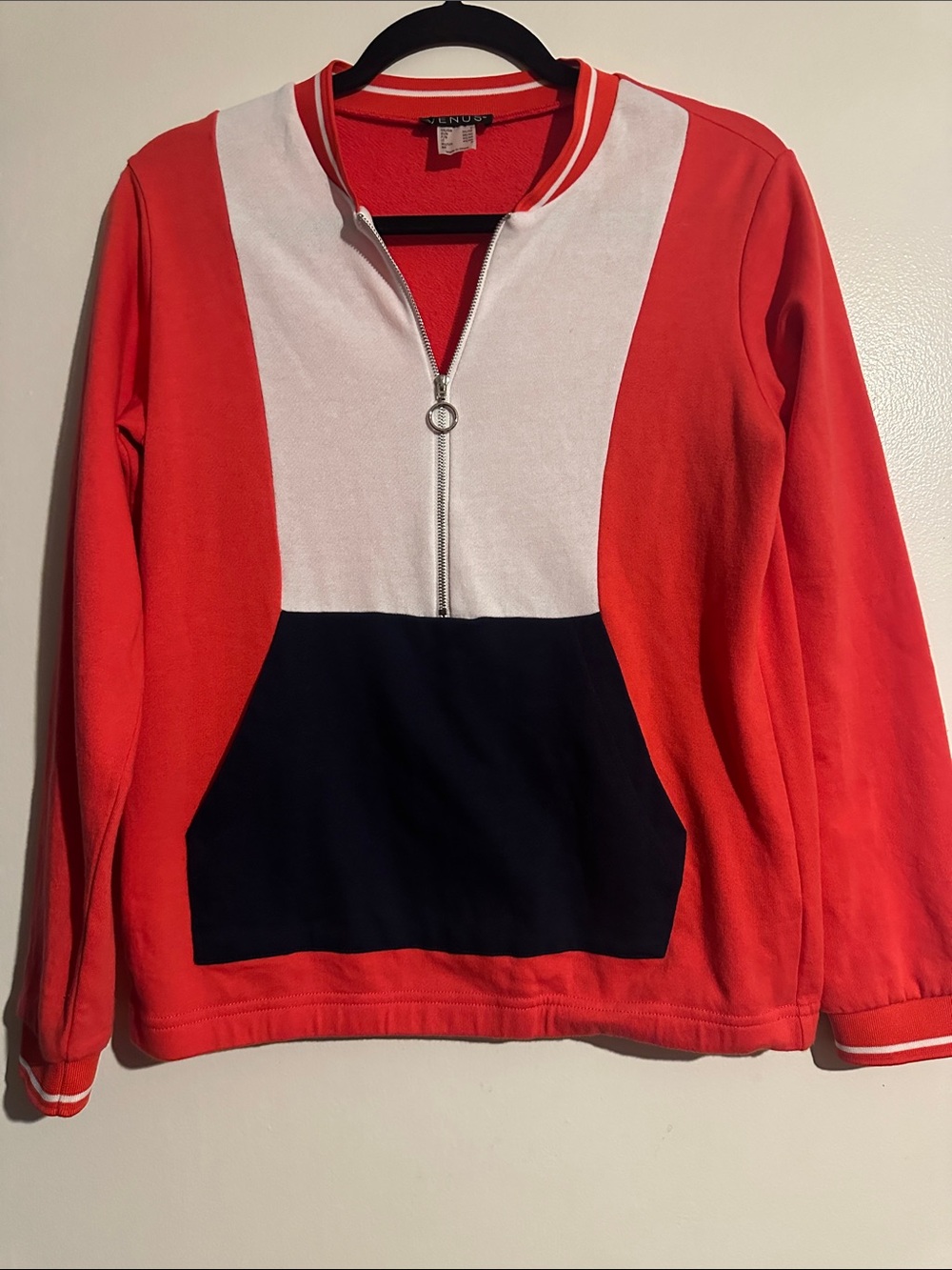 VENUS Orange White and Navy Half-Zip Colorblock Pullover